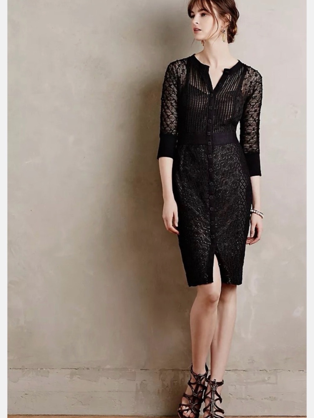 Anthropologie Black Lace Button-Front Midi Dress